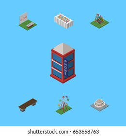 Isometric Architecture Set Of Flower Decoration, Bench, Seesaw And Other Vector Objects. Also Includes Wheel, Bench, Telephone Elements.