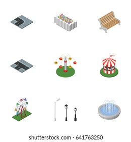 Isometric Architecture Set Of Flower, Park Decoration, Street Lanterns And Other Vector Objects. Also Includes Horses, Crossroad, Lights Elements.