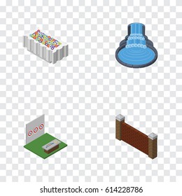 Isometric Architecture Set Of Garden Decor, Flower Decoration, Aiming Game And Other Vector Objects. Also Includes Waterfall, Flower, Fountain Elements.