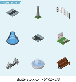Isometric Architecture Set Of Garden Decor, Barricade, Dc Memorial And Other Vector Objects. Also Includes Water, Road, Suspension Elements.