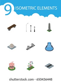 Isometric Architecture Set Of Garden Decor, Street Lanterns, Recreation And Other Vector Objects. Also Includes Decoration, Dc, Bench Elements.
