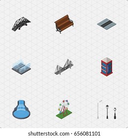 Isometric Architecture Set Of Garden Decor, Recreation, Sitting And Other Vector Objects. Also Includes Wheel, Bridge, Way Elements.