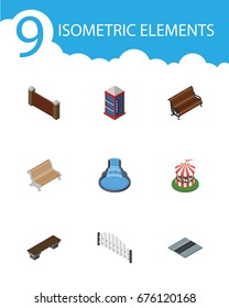 Isometric Architecture Set Of Garden Decor, Barricade, Sitting And Other Vector Objects. Also Includes Road, Barrier, Horses Elements.