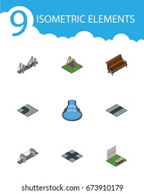 Isometric Architecture Set Of Highway, Aiming Game, Path And Other Vector Objects. Also Includes Intersection, Park, Game Elements.