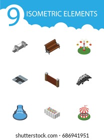 Isometric Architecture Set Of Highway, Swing Attraction, Sitting And Other Vector Objects. Also Includes Attraction, Fountain, Horses Elements.