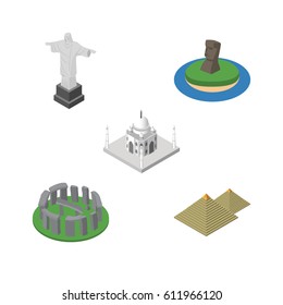 Isometric Architecture Set Of India Mosque, England, Chile Vector Objects. Also Includes Taj, Chile, Monument Elements.