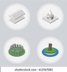 Isometric Architecture Set Of India Mosque, Chile, Athens And Other Vector Objects. Also Includes MoAI, Mosque, Athens Elements.