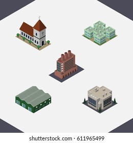 Isometric Architecture Set Of Industry, Clinic, Warehouse And Other Vector Objects. Also Includes Building, Factory, Hospital Elements.