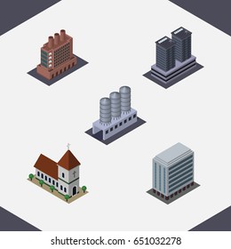 Isometric Architecture Set Of Office, Chapel, Industry And Other Vector Objects. Also Includes Industry, Factory, Tower Elements.