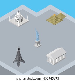 Isometric Architecture Set Of Paris, Athens, Egypt And Other Vector Objects. Also Includes Liberty, Egypt, Athens Elements.