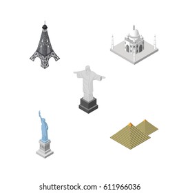 Isometric Architecture Set Of Paris, New York, India Mosque And Other Vector Objects. Also Includes Paris, Statue, Liberty Elements.