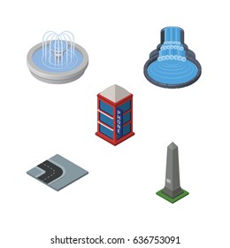 Isometric Architecture Set Of Park Decoration, Turning Road, Garden Decor And Other Vector Objects. Also Includes Monument, Water, Telephone Elements.