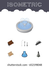 Isometric Architecture Set Of Park Decoration, Sculpture, Expressway And Other Vector Objects. Also Includes Bridge, Highway, Lanterns Elements.