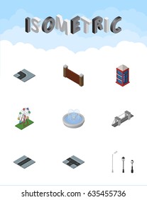 Isometric Architecture Set Of Path, Recreation, Street Lanterns And Other Vector Objects. Also Includes Phone, Park, Turn Elements.