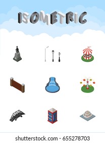 Isometric Architecture Set Of Phone Box, Plants, Garden Decor And Other Vector Objects. Also Includes Wall, Monument, Horses Elements.
