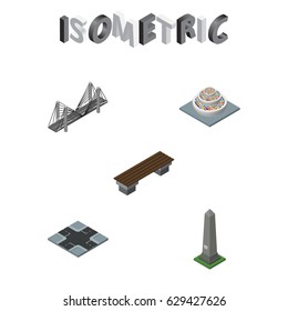 Isometric Architecture Set Of Plants, Bridge, Dc Memorial And Other Vector Objects. Also Includes Road, Crossroad, Decoration Elements.