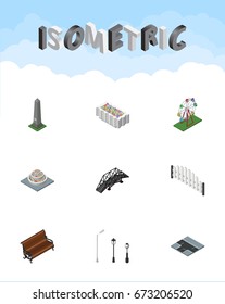 Isometric Architecture Set Of Plants, Expressway, Crossroad And Other Vector Objects. Also Includes Park, Lanterns, Flowers Elements.