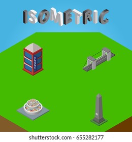 Isometric Architecture Set Of Plants, Highway, Phone Box And Other Vector Objects. Also Includes Phone, Booth, Suspension Elements.
