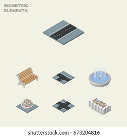 Isometric Architecture Set Of Plants, Seat, Path And Other Vector Objects. Also Includes Decoration, Bench, Water Elements.