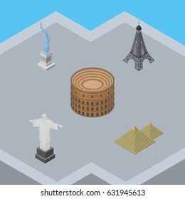 Isometric Architecture Set Of Rio, Egypt, Coliseum And Other Vector Objects. Also Includes Monument, Paris, Egypt Elements.