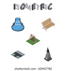 Isometric Architecture Set Of Sculpture, Garden Decor, Seesaw And Other Vector Objects. Also Includes Seesaw, Way, Sculpture Elements.