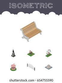 Isometric Architecture Set Of Seesaw, Carousel, Plants And Other Vector Objects. Also Includes Statue, Ferris, Wooden Elements.