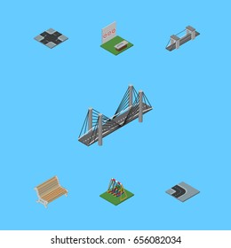 Isometric Architecture Set Of Seesaw, Highway, Aiming Game And Other Vector Objects. Also Includes Suspension, Seat, Swing Elements.