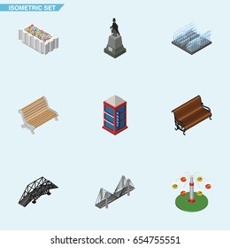 Isometric Architecture Set Of Sitting, Bridge, Seat And Other Vector Objects. Also Includes Plants, Park, Carousel Elements.