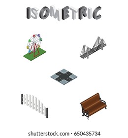Isometric Architecture Set Of Sitting, Intersection, Barricade And Other Vector Objects. Also Includes Ferris, Bench, Bridge Elements.