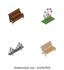 Isometric Architecture Set Of Sitting, Recreation, Bridge And Other Vector Objects. Also Includes Bench, Wheel, Bridge Elements.