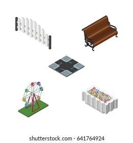 Isometric Architecture Set Of Sitting, Recreation, Intersection And Other Vector Objects. Also Includes Wooden, Decoration, Intersection Elements.