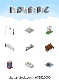 Isometric Architecture Set Of Sitting, Turning Road, Recreation And Other Vector Objects. Also Includes Bench, Bridge, Road Elements.