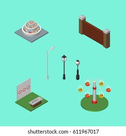Isometric Architecture Set Of Street Lanterns, Aiming Game, Swing Attraction And Other Vector Objects. Also Includes Carousel, Aiming, Archery Elements.