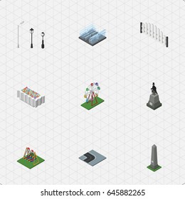 Isometric Architecture Set Of Street Lanterns, Sculpture, Recreation And Other Vector Objects. Also Includes Swing, Plants, Park Elements.