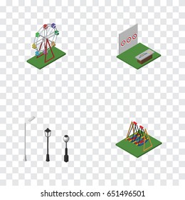 Isometric Architecture Set Of Street Lanterns, Seesaw, Aiming Game And Other Vector Objects. Also Includes Lights, Game, Attraction Elements.