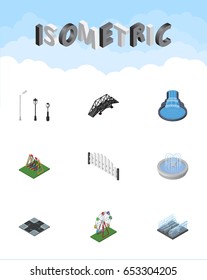 Isometric Architecture Set Of Street Lanterns, Seesaw, Intersection And Other Vector Objects. Also Includes Crossroad, Wheel, Attraction Elements.