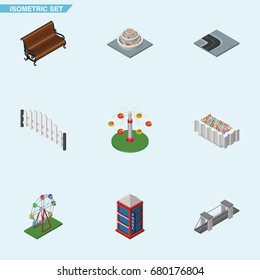 Isometric Architecture Set Of Swing Attraction, Phone Box, Recreation And Other Vector Objects. Also Includes Telephone, Park, Fence Elements.