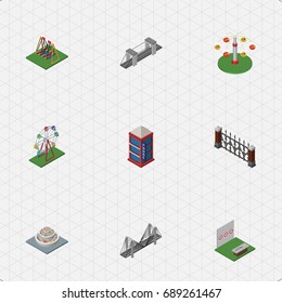 Isometric Architecture Set Of Swing Attraction, Aiming Game, Recreation And Other Vector Objects. Also Includes Wheel, Aiming, Rotation Elements.