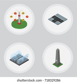 Isometric Architecture Set Of Swing Attraction, Dc Memorial, Crossroad And Other Vector Objects. Also Includes Road, Fountain, Crossroad Elements.