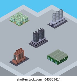 Isometric Architecture Set Of Tower, Industry, Clinic And Other Vector Objects. Also Includes Warehouse, Tower, Tank Elements.