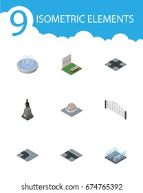 Isometric Architecture Set Of Turning Road, Plants, Fountain And Other Vector Objects. Also Includes Aiming, Intersection, Sculpture Elements.