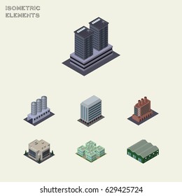 Isometric Architecture Set Of Warehouse, Tower, Office And Other Vector Objects. Also Includes Storage, Warehouse, Company Elements.