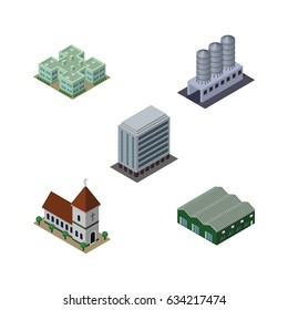 Isometric Architecture Set Of Warehouse, Water Storage, Chapel And Other Vector Objects. Also Includes Storage, House, Chapel Elements.