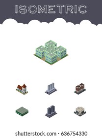 Isometric Architecture Set Of Water Storage, Chapel, Clinic And Other Vector Objects. Also Includes Catholic, Office, Clinic Elements.