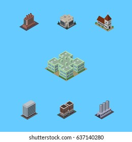 Isometric Architecture Set Of Water Storage, Industry, House And Other Vector Objects. Also Includes House, Company, Hospital Elements.