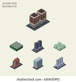 Isometric Architecture Set Of Water Storage, Industry, House And Other Vector Objects. Also Includes House, Building, Industry Elements.