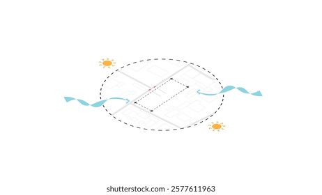 isometric architecture site analysis symbol icon element drawing graphic flat isolated vector. architecture element line sun wind sound sun path vegetation.