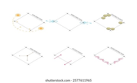 isometric architecture site analysis symbol icon element drawing graphic flat isolated vector. architecture element line sun wind sound sun path vegetation.