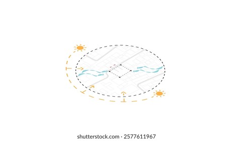 isometric architecture site analysis symbol icon element drawing graphic flat isolated vector. architecture element line sun wind sound sun path vegetation.