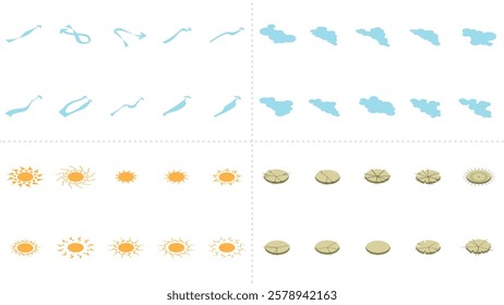 isometric architecture site analysis symbol icon element drawing graphic flat isolated vector. architecture element line sun wind sound sun path vegetation.